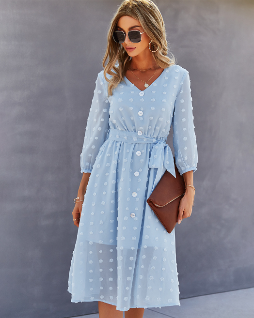 Elegant Half Sleeve Women’s Casual V-Neck Midi Dress With Buttons L / Pink Dresses