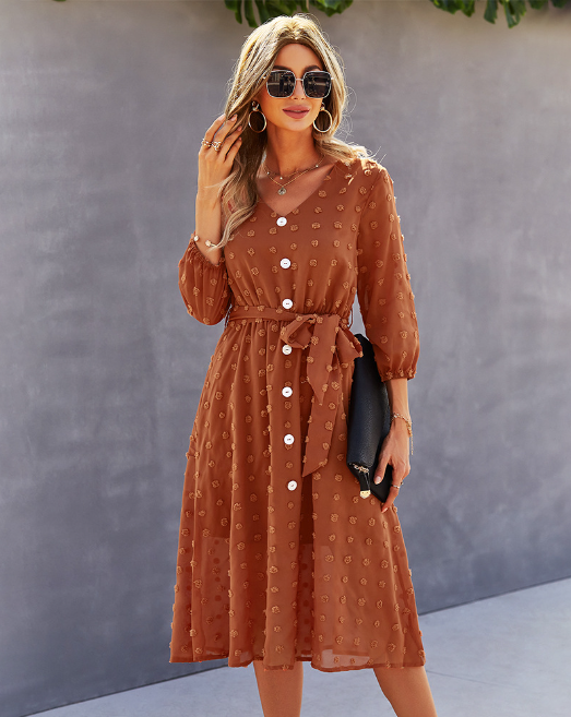 Swiss Dot V-Neck Button Front Belted Three Quarter Sleeve Midi Dress 11