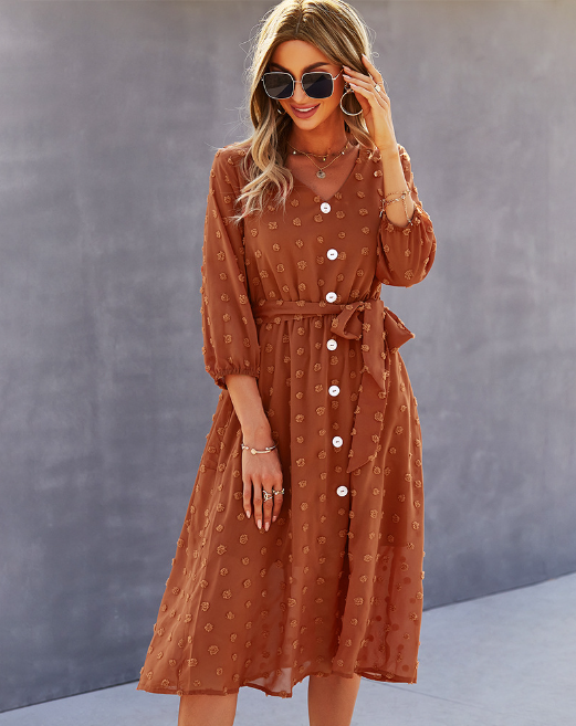 Elegant Half Sleeve Women’s Casual V-Neck Midi Dress With Buttons Xl / Pink Dresses