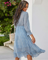 Spring V Neck Print Dress With Butterfly Sleeves And High Waist Ruffles In Chiffon Midi Length S /