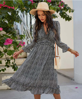 Spring V Neck Print Dress With Butterfly Sleeves And High Waist Ruffles In Chiffon Midi Length S /