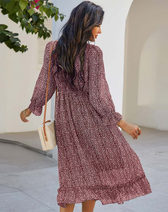 Spring V Neck Print Dress With Butterfly Sleeves And High Waist Ruffles In Chiffon Midi Length M /
