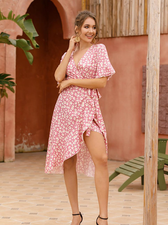 Boho Floral Print Vintage Midi Dress With Ruffle Sleeves For Women S / Green Dresses