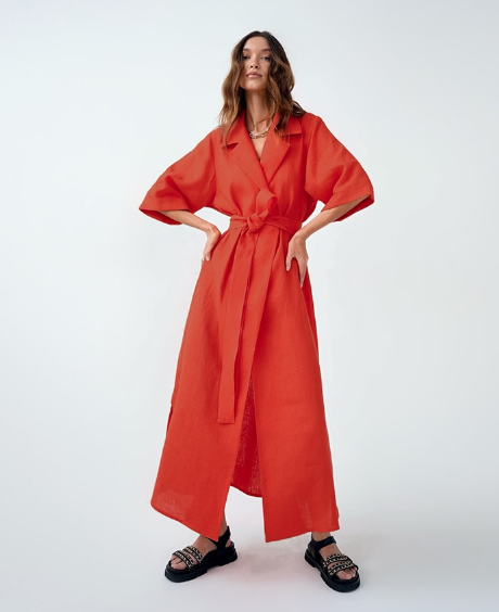 Linen-Look Notched Lapel Half Sleeve Belted Wrap Maxi Shirt Dress