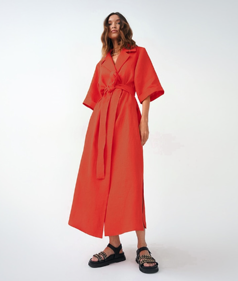 Linen-Look Notched Lapel Half Sleeve Belted Wrap Maxi Shirt Dress 2