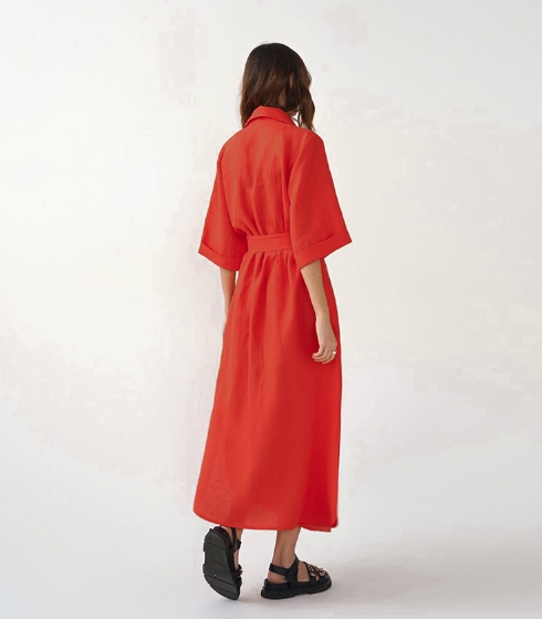Linen-Look Notched Lapel Half Sleeve Belted Wrap Maxi Shirt Dress 4