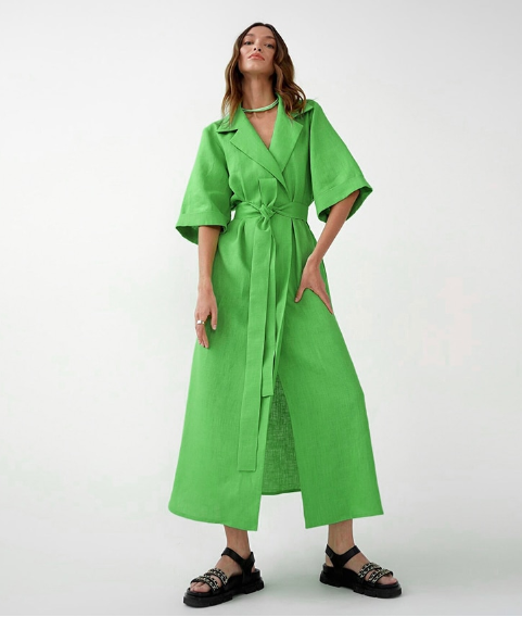 Linen-Look Notched Lapel Half Sleeve Belted Wrap Maxi Shirt Dress 7