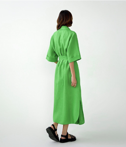 Linen-Look Notched Lapel Half Sleeve Belted Wrap Maxi Shirt Dress 8