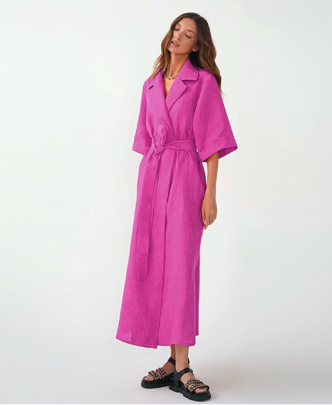 Linen-Look Notched Lapel Half Sleeve Belted Wrap Maxi Shirt Dress 11