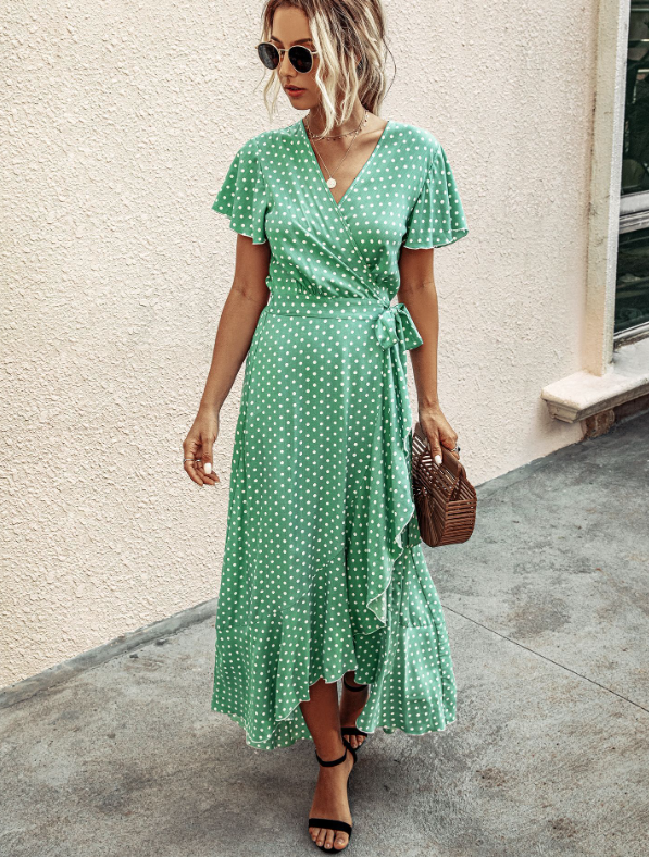 Polka Dot V-Neck Short Sleeve Wrap Tie Waist Ruffle High Low Maxi Dress 6