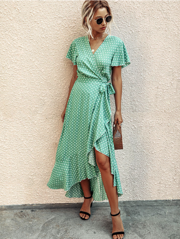 Polka Dot V-Neck Short Sleeve Wrap Tie Waist Ruffle High Low Maxi Dress 7