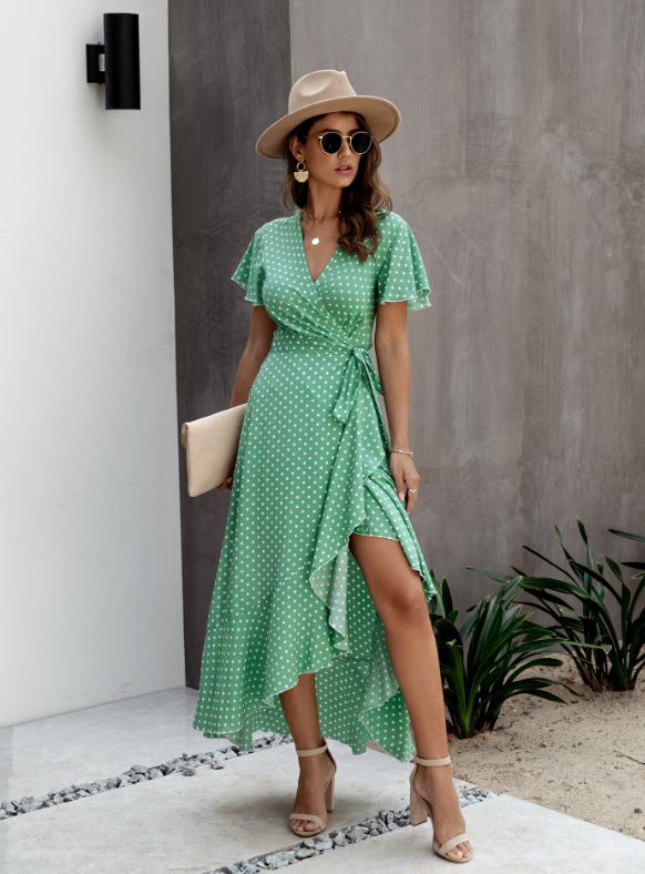 Polka Dot V-Neck Short Sleeve Wrap Tie Waist Ruffle High Low Maxi Dress 11