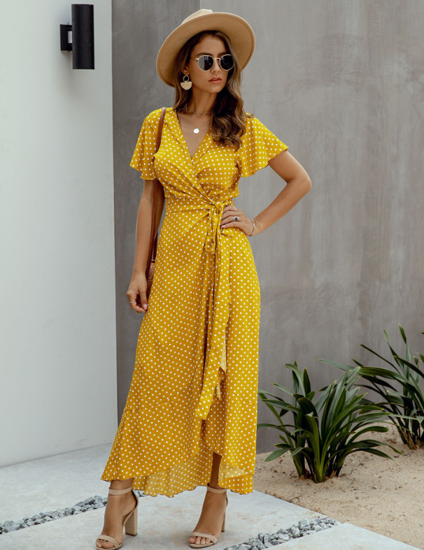 Polka Dot V-Neck Short Sleeve Wrap Tie Waist Ruffle High Low Maxi Dress 13