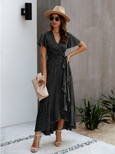 V-Neck Coastal Vacation Dot Polka Short-Sleeved Warm-Season Ruffle For Gown Women M / Black Dresses