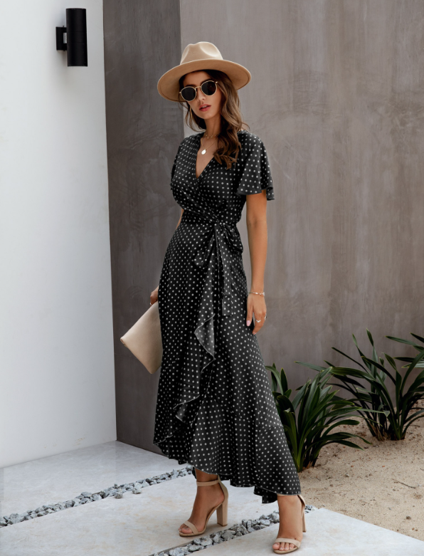 Polka Dot V-Neck Short Sleeve Wrap Tie Waist Ruffle High Low Maxi Dress 2
