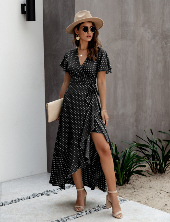 Polka Dot V-Neck Short Sleeve Wrap Tie Waist Ruffle High Low Maxi Dress 3