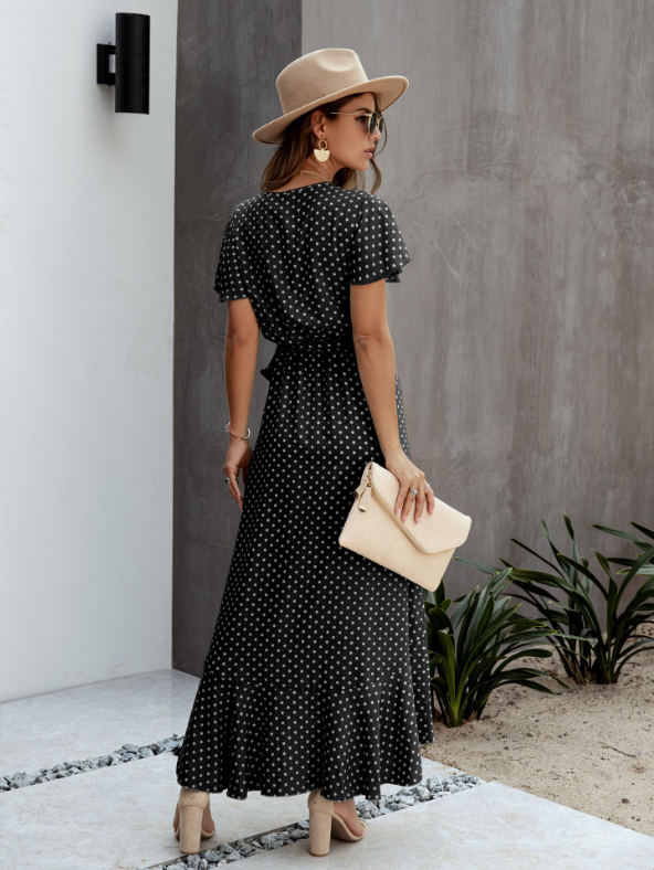 Polka Dot V-Neck Short Sleeve Wrap Tie Waist Ruffle High Low Maxi Dress 5