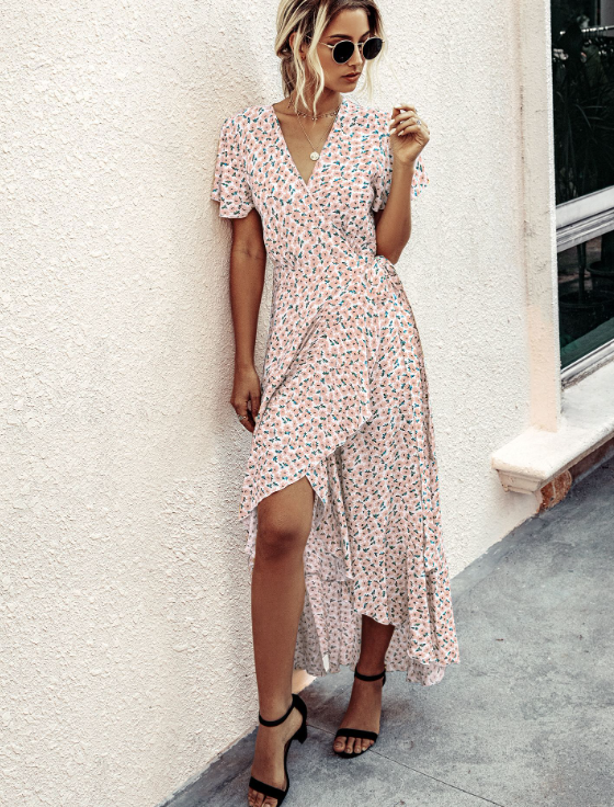 Pink Polka Dot V-Neck Ruffle Short-Sleeved Beach Vacation Summer Dress M / Orange Dresses