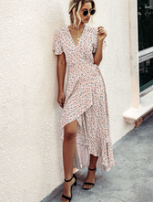 Pink Polka Dot V-Neck Ruffle Short-Sleeved Beach Vacation Summer Dress M / Orange Dresses