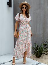 Pink Polka Dot V-Neck Ruffle Short-Sleeved Beach Vacation Summer Dress S / Pink Dresses