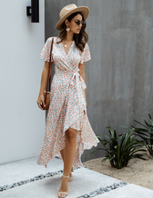 Pink Polka Dot V-Neck Ruffle Short-Sleeved Beach Vacation Summer Dress S / Yellow Dresses