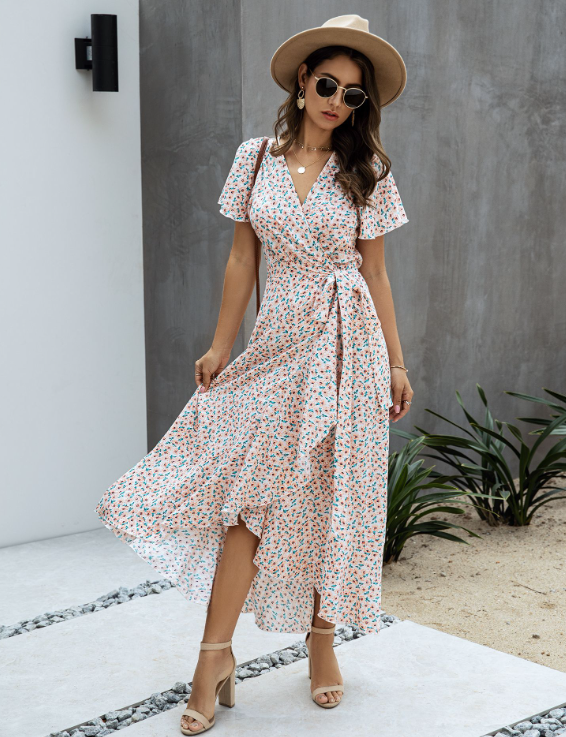 Ditsy Print V-Neck Flutter Sleeve Tie Waist Wrap High Low Maxi Dress 2