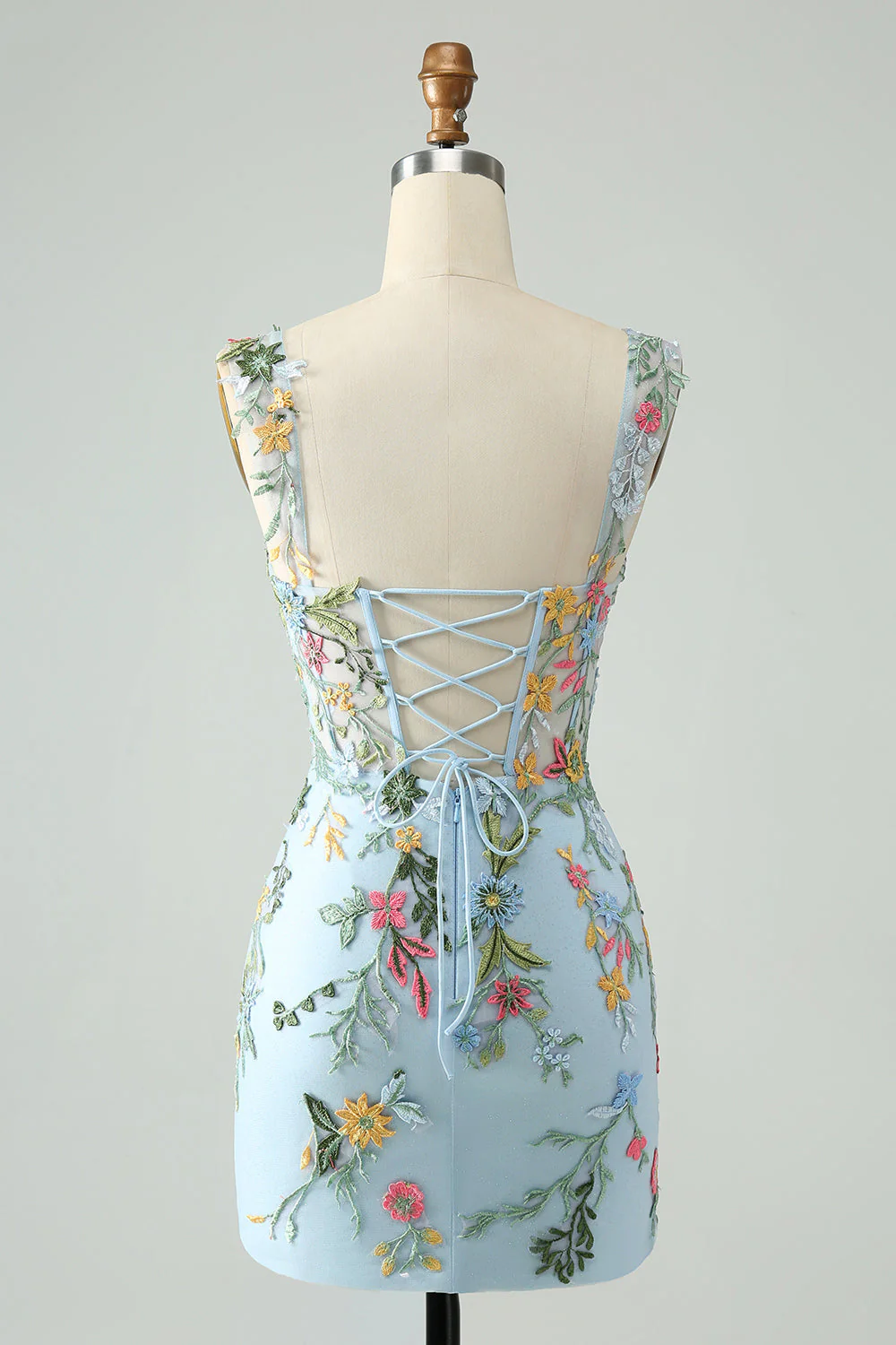 Blue Floral Of The Shoulder Corset Short Homecoming Dress With Embroidery