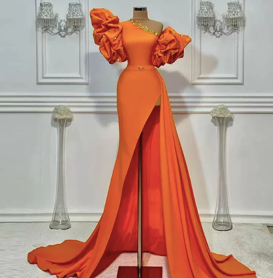 One Shoulder Unique Evening Dresses Long Orange Beaded Mermaid Elegant Simple Formal Evening Gown