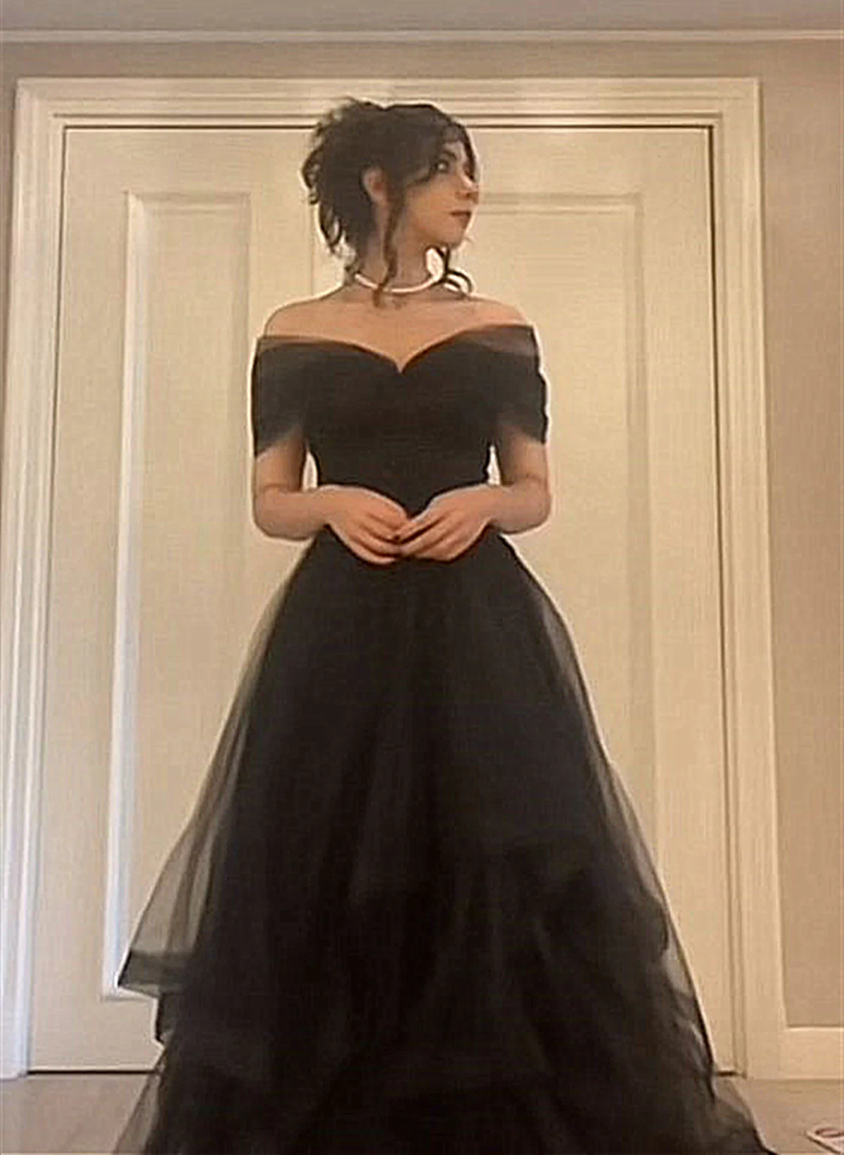 Black Off Shoulder Sweetheart Tulle Prom Dress Black Tulle A-Line Party Dress