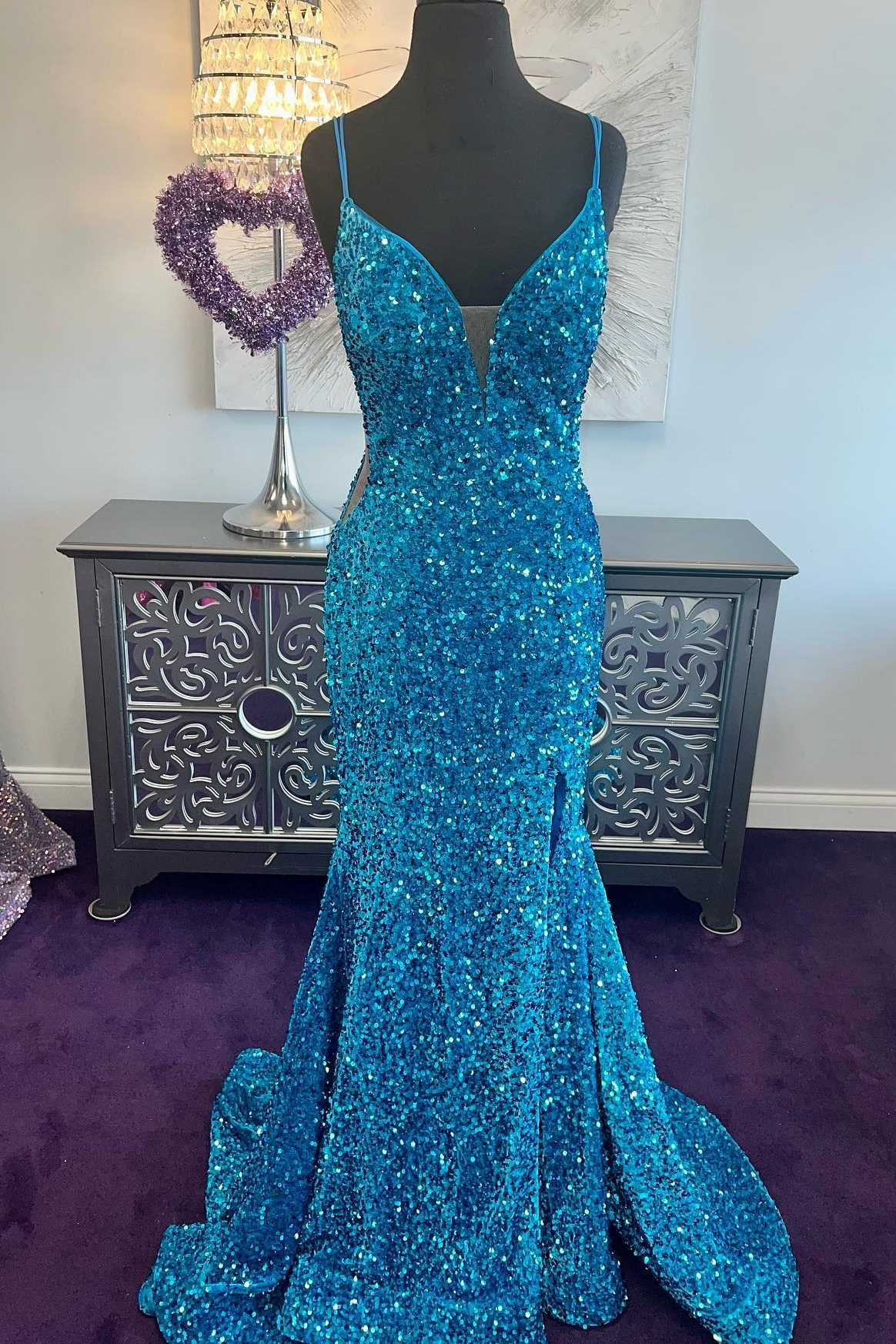 Blue Sequin Plunge V Mermaid Long Prom Dress With Slit