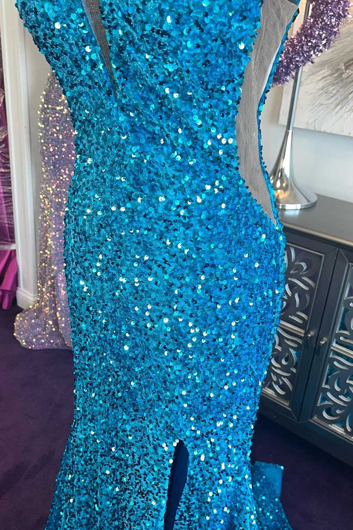 Blue Sequin Plunge V Mermaid Long Prom Dress With Slit