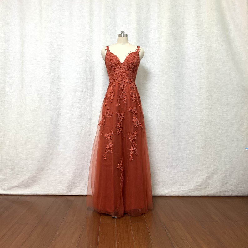 Burnt Orange Lace Tulle Prom Dress