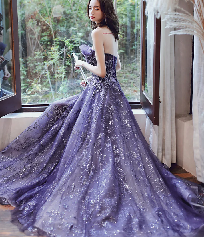 Dark Purple Tulle Style Evening Gown, Purple A-line Long Prom Dress Party Dress