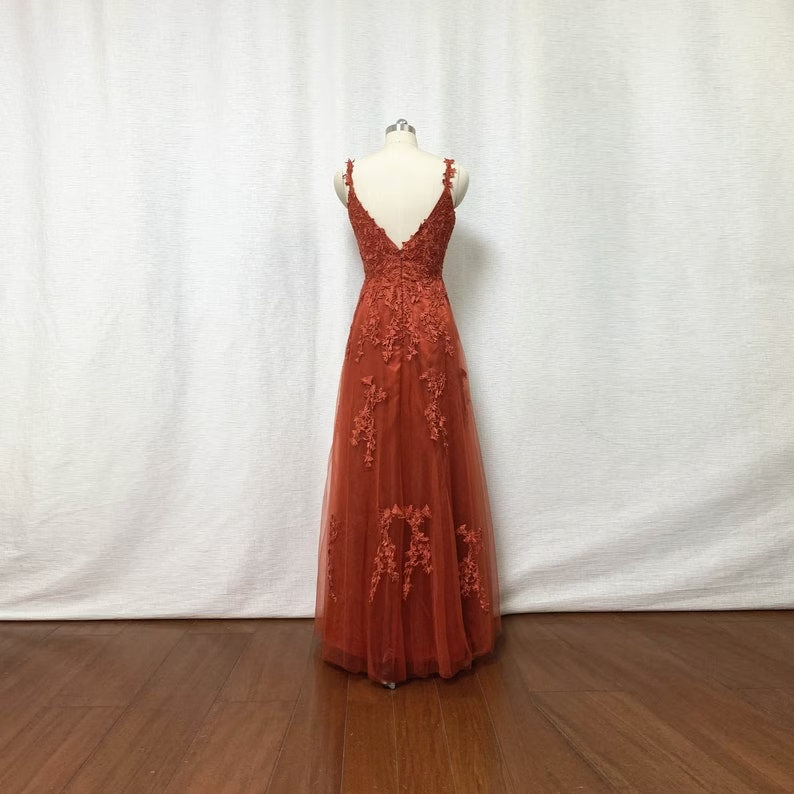 Burnt Orange Lace Tulle Prom Dress