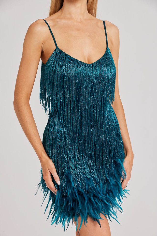 Sequin Fringe V-Neck Spaghetti Strap Feather Hem Mini Cocktail Dress 13