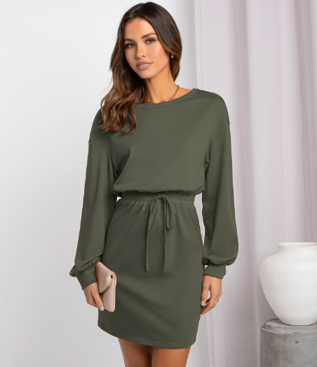 Round Neck Lantern Sleeve Drawstring Waist Sweatshirt Mini Dress 5