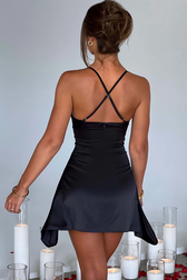 Satin Deep V-Neck Pleated Bust High Low Mini Dress 6