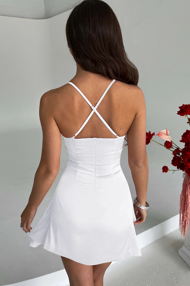 Satin Deep V-Neck Pleated Bust High Low Mini Dress 9