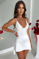 Satin Deep V-Neck Pleated Bust High Low Mini Dress 8