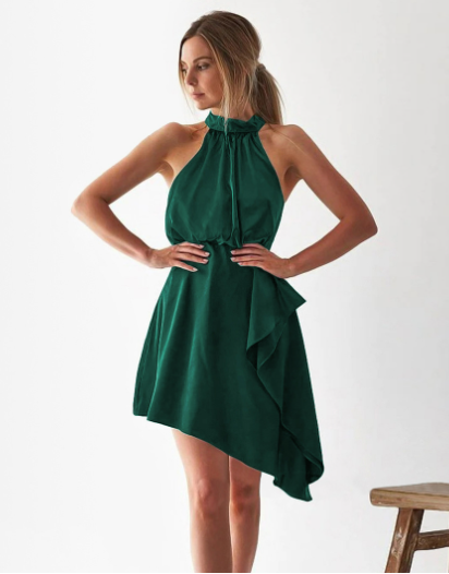Satin Strap Dress With Hanging Neck S / Dark Green Dresses