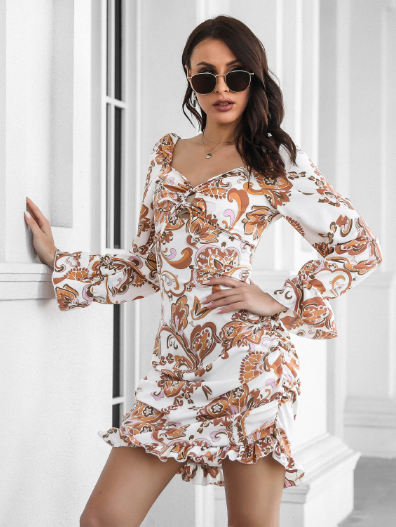 Paisley Print Twist Front Long Sleeve Ruched Ruffle Hem Mini Dress 3