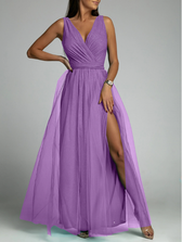 V-Neck Waist Slim Split Big Swing Shiny Dress S / Red Dresses