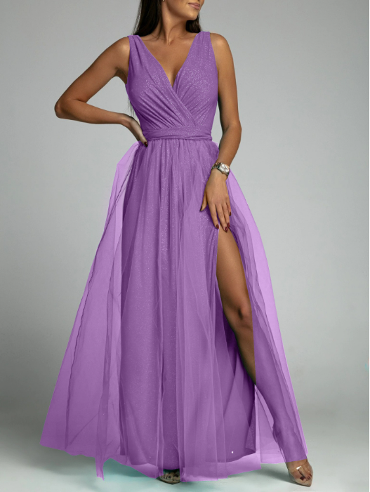 Glitter Tulle Deep V-Neck Sleeveless Wrap Bodice High Split Maxi Gown 2