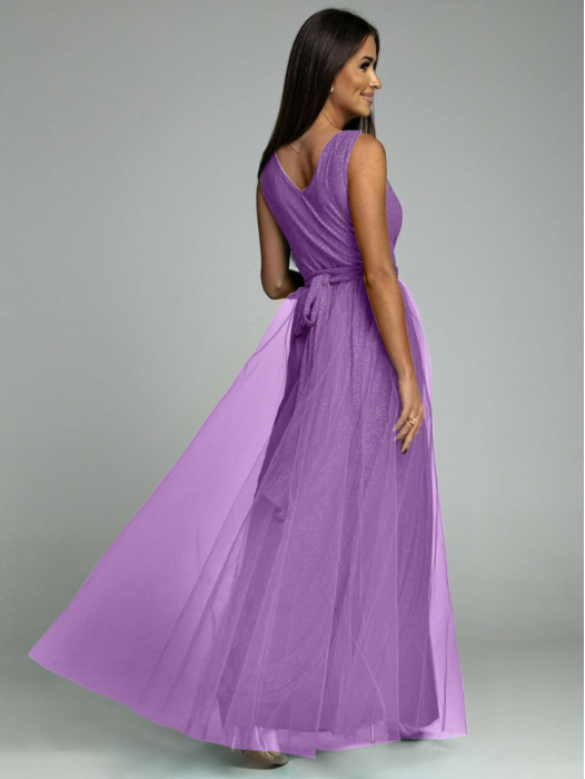 Glitter Tulle Deep V-Neck Sleeveless Wrap Bodice High Split Maxi Gown 3