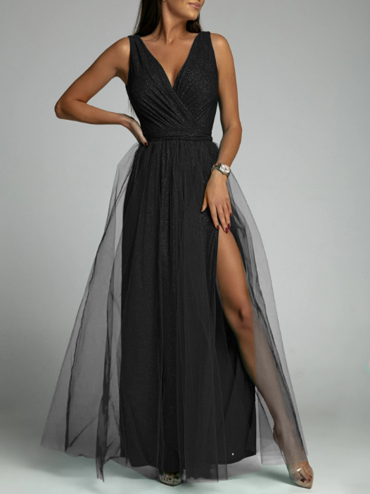 V-Neck Waist Slim Split Big Swing Shiny Dress M / Red Dresses