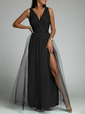 V-Neck Waist Slim Split Big Swing Shiny Dress M / Red Dresses