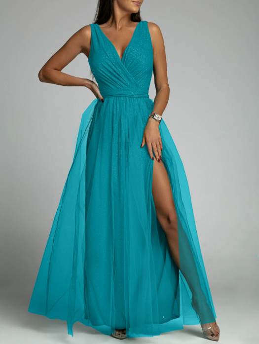 Glitter Tulle Deep V-Neck Sleeveless Wrap Bodice High Split Maxi Gown 7