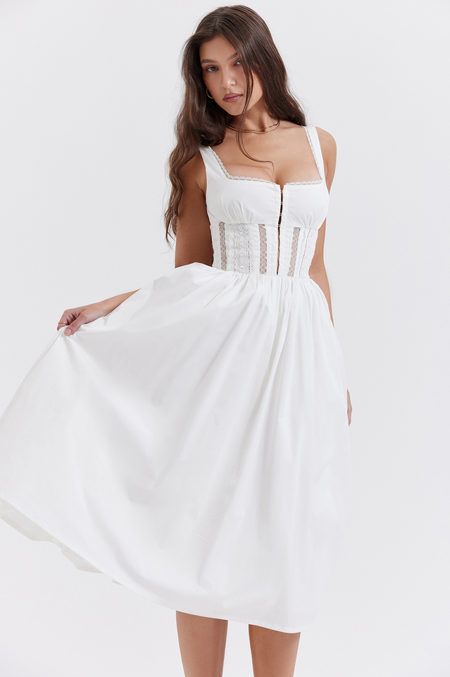 Square Neck Lace Trim Corset Waist Sleeveless Fit and Flare Midi Dress
