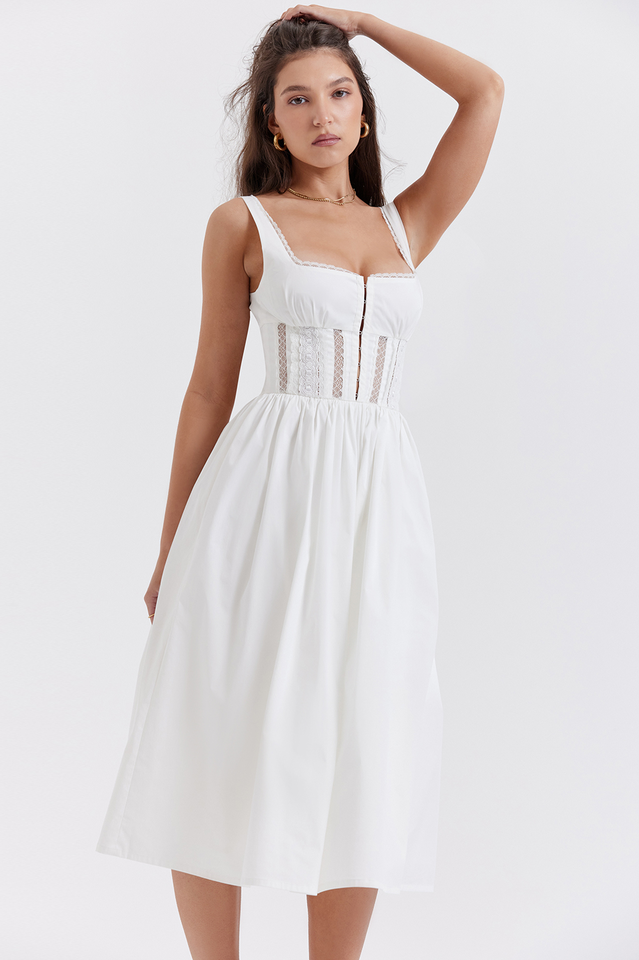 White Lace Trim Midi Dress - View 5