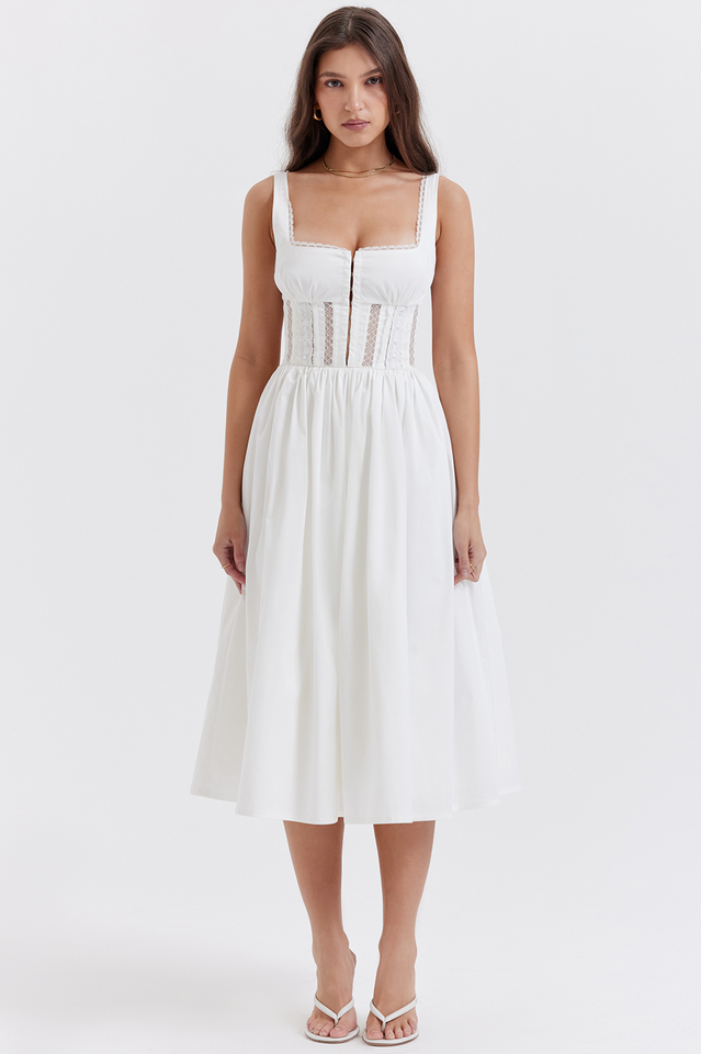 White Lace Trim Midi Dress - View 3